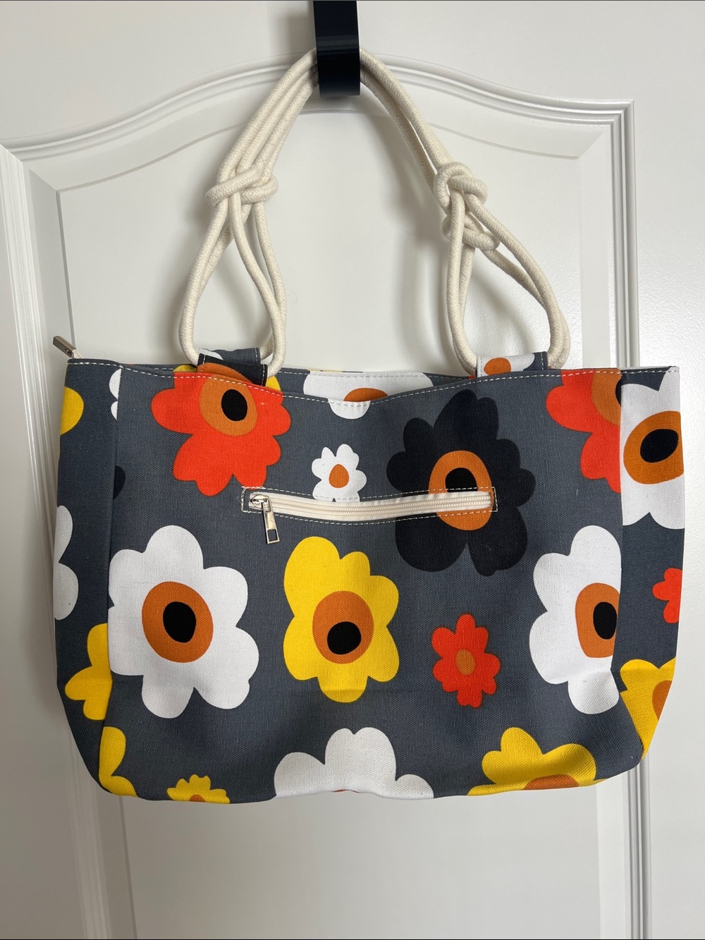 Floral Canvas Tote Bag with Rope Handles - Gray Multi